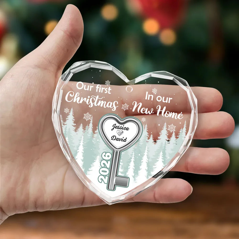 Custom Crystal Heart Ornament with Snowy Forest & Heart Key, Creative Gift for New Home Couple