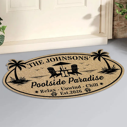 Tropical Personalized Shaped Doormat with Poolside Chairs, Unique Family Gift for Backyard Entry