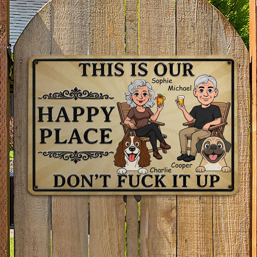 Personalized Rectangular Iron Sign, Rustic Beige Cartoon of a Couple Sitting with Dogs, Unique Gift for Dog Lovers