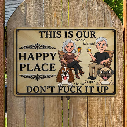 Personalized Rectangular Iron Sign, Rustic Beige Cartoon of a Couple Sitting with Dogs, Unique Gift for Dog Lovers