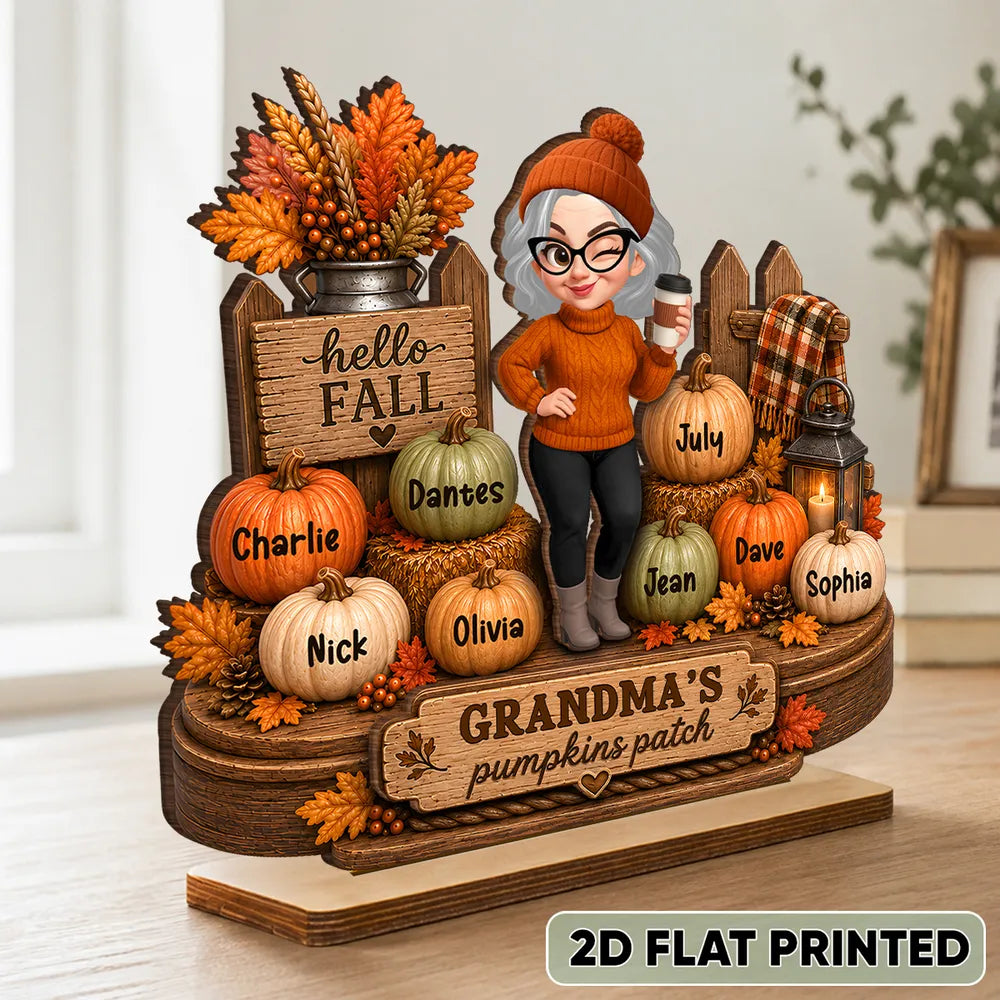 Personalized 2-Layer Wooden Plaque, Grandma Holding Coffee in Fall Pumpkin Patch, Unique Gift for Grandma