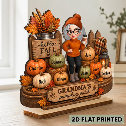 Personalized 2-Layer Wooden Plaque, Grandma Holding Coffee in Fall Pumpkin Patch, Unique Gift for Grandma