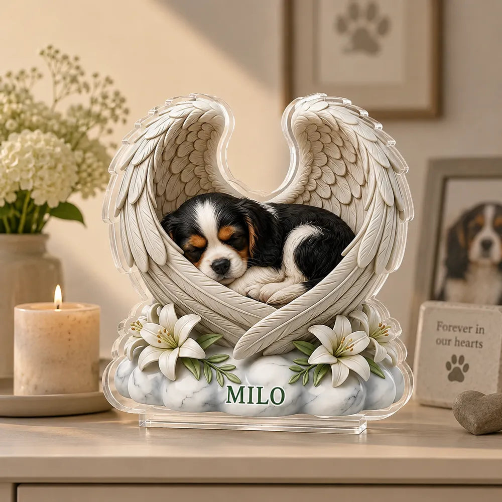 Personalized Shaped Acrylic Block Plaque, Sleeping Dog with Angel Wings, Unique Pet Memorial Gift