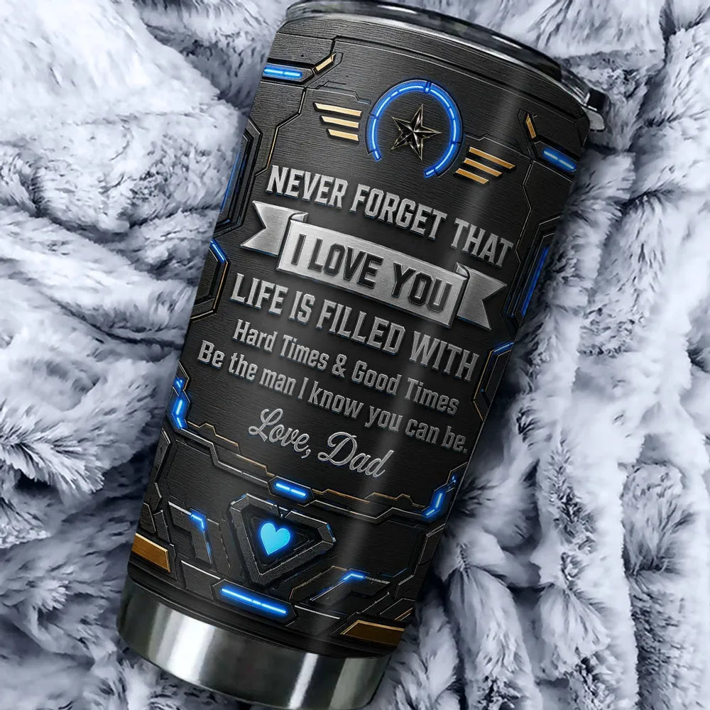 Personalized Insulated Travel Tumbler for Son, Dad Quote with Blue Neon Fists, Unique Creative Gift