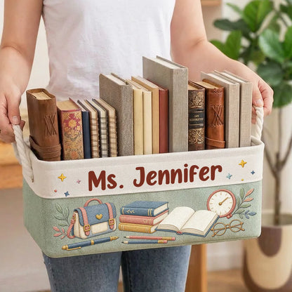 Personalized Rope Basket for Teacher, Soft Pink Book Desk Storage with School Illustration, Unique Gift