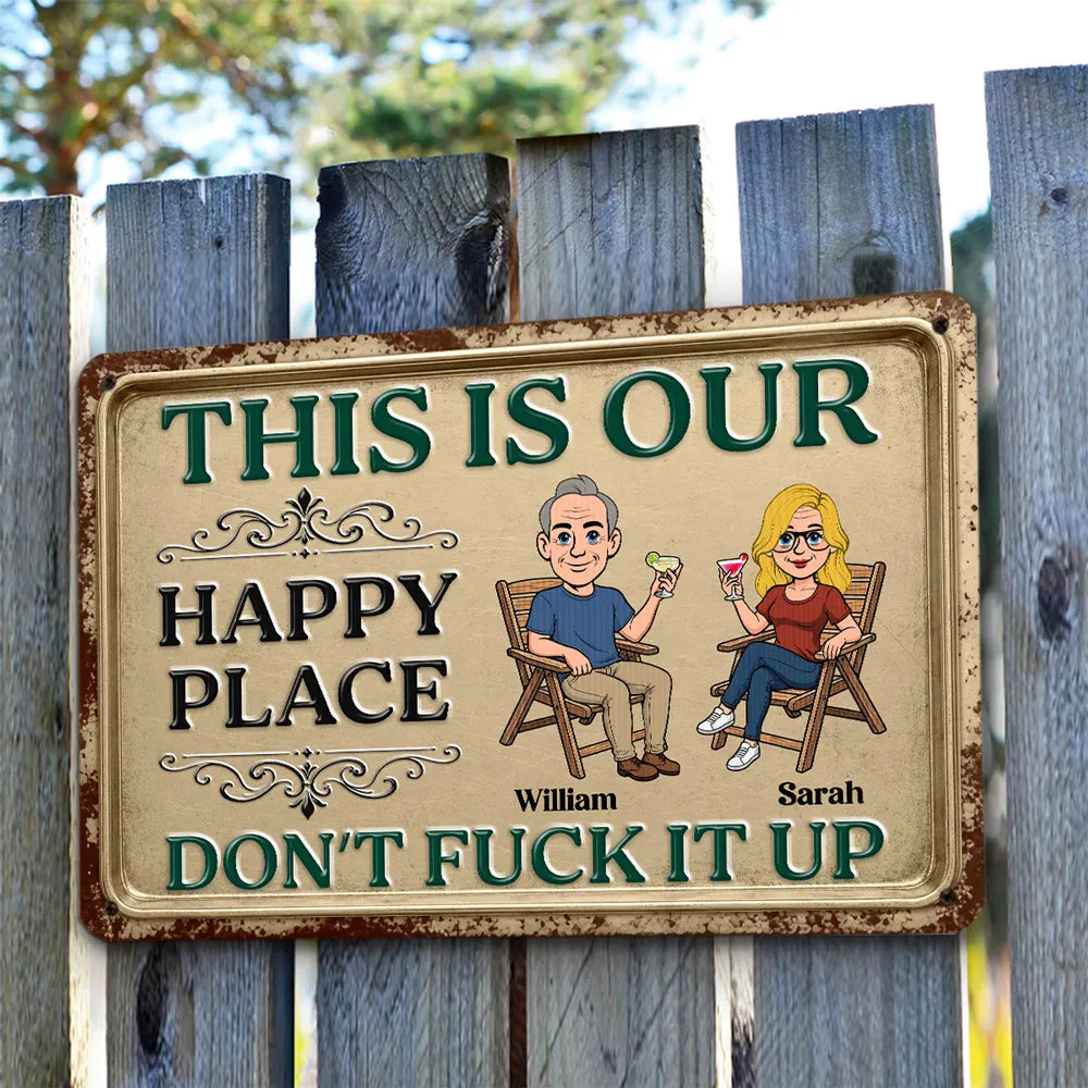 Personalized Rectangular Iron Sign, Seated Couple Our Happy Place, Unique Creative Gift for Couples