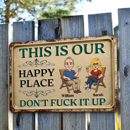 Personalized Rectangular Iron Sign, Seated Couple Our Happy Place, Unique Creative Gift for Couples