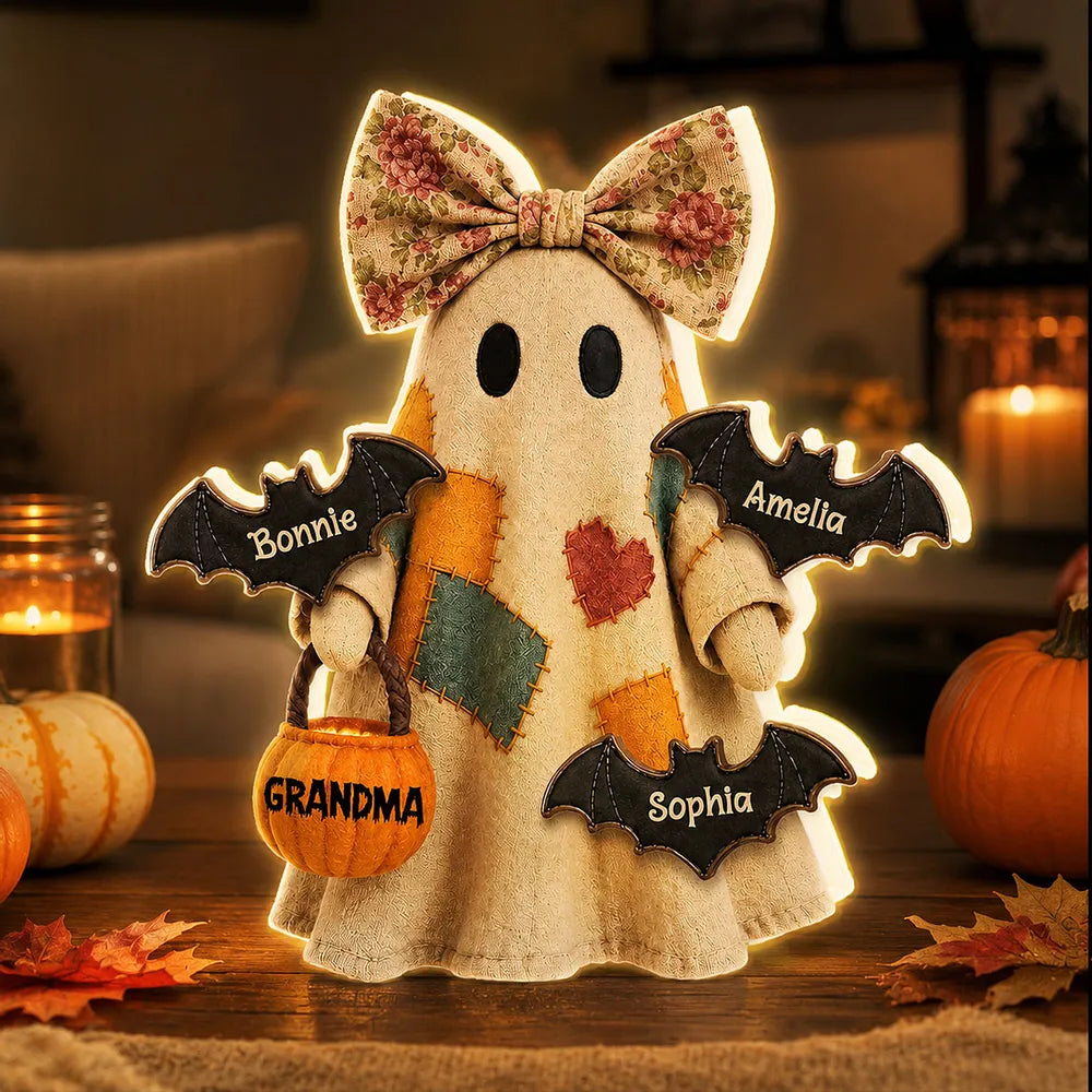 Personalized Grandma Ghost Acrylic Light Box, Patchwork Design with Bats, Unique Halloween Gift for Grandma