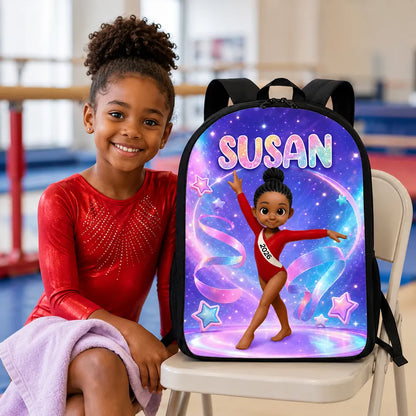 Kids School Backpack with Custom Gymnastics Art, Sparkly Purple Ribbons, Creative Gift for Granddaughter