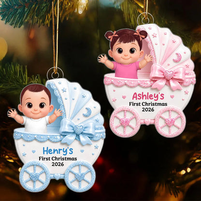 Personalized Acrylic Ornament, Waving Baby in Stroller on Christmas Tree, Unique Creative Gift for New Parents