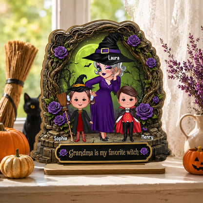 Personalized 2-Layer Wooden Plaque, Witch Grandma with Grandkids, Unique Halloween Gift