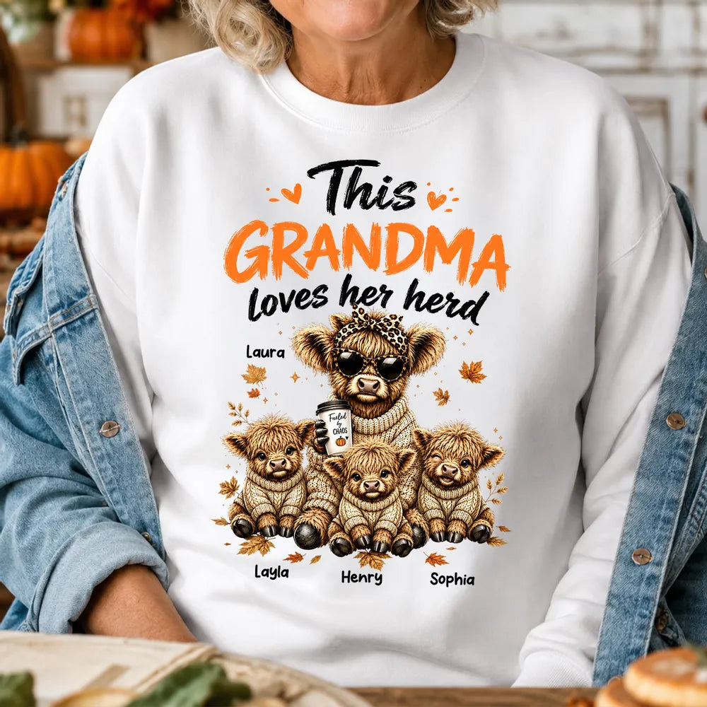 Personalized Classic Tee, Grandma Herd Highland Cow Fall Design, Unique Gift for Grandma