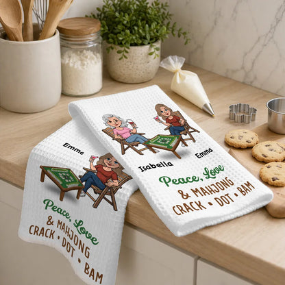 Personalized Kitchen Towel with Mahjong Friends Playing, Unique Gift for Game Night Decor