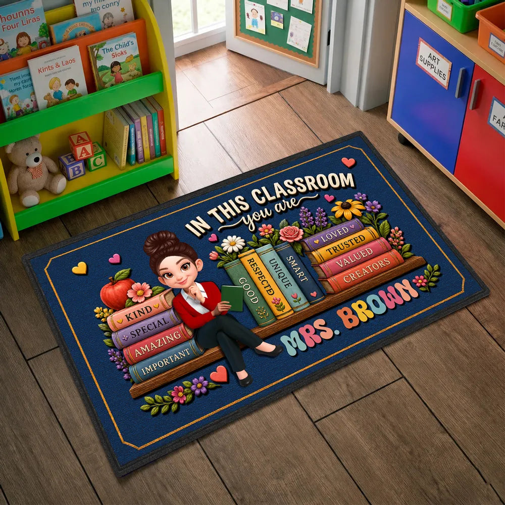 Personalized Teacher Doormat, Navy Classroom Welcome Design, Unique Creative Gift for Back to School