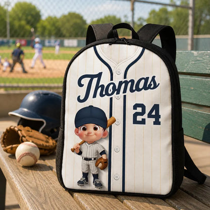 Personalized Kids School Backpack, Baseball Jersey & Bat Design, Unique Gift for Young Players