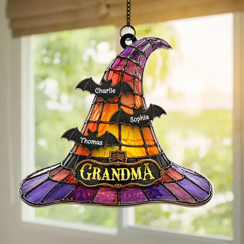 Personalized Acrylic Suncatcher Ornament, Grandma Witch Hat With Bats, Unique Halloween Gift