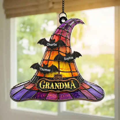 Personalized Acrylic Suncatcher Ornament, Grandma Witch Hat With Bats, Unique Halloween Gift