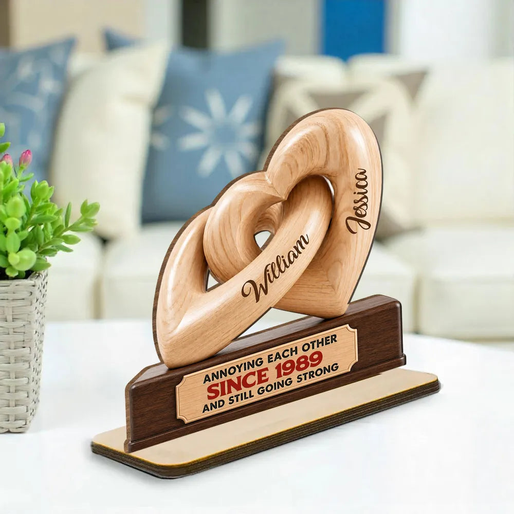 Personalized 2-Layer Wooden Plaque, Interlocking Hearts Keepsake, Unique Gift for Couple