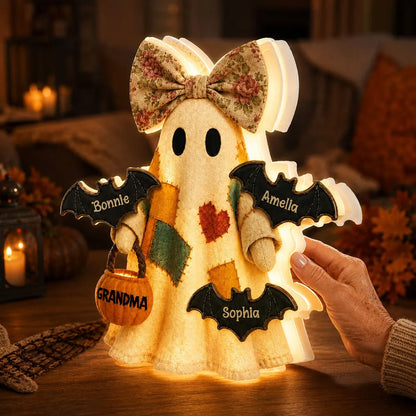 Personalized Grandma Ghost Acrylic Light Box, Patchwork Design with Bats, Unique Halloween Gift for Grandma