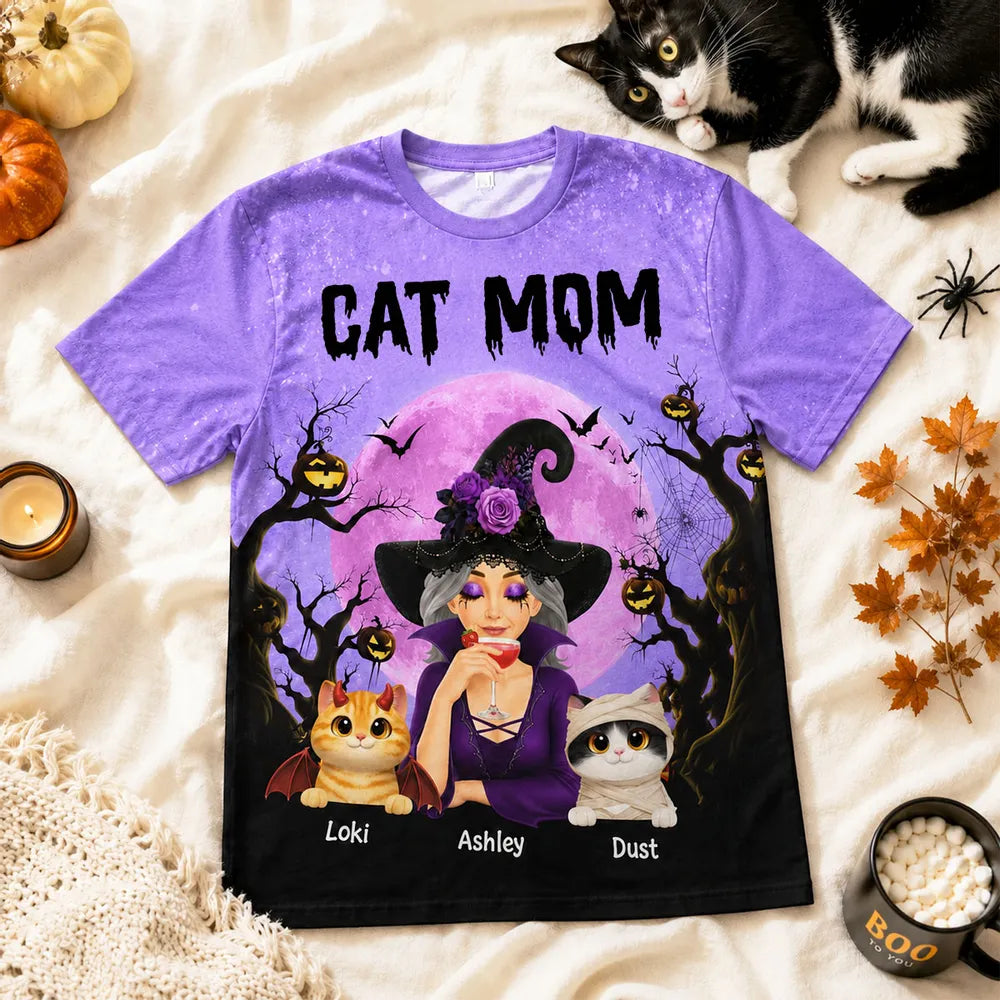 Personalized Cat Mom Printed Classic Tee, Witch and Cats Under Purple Moon, Creative Halloween Gift for Cat Lovers