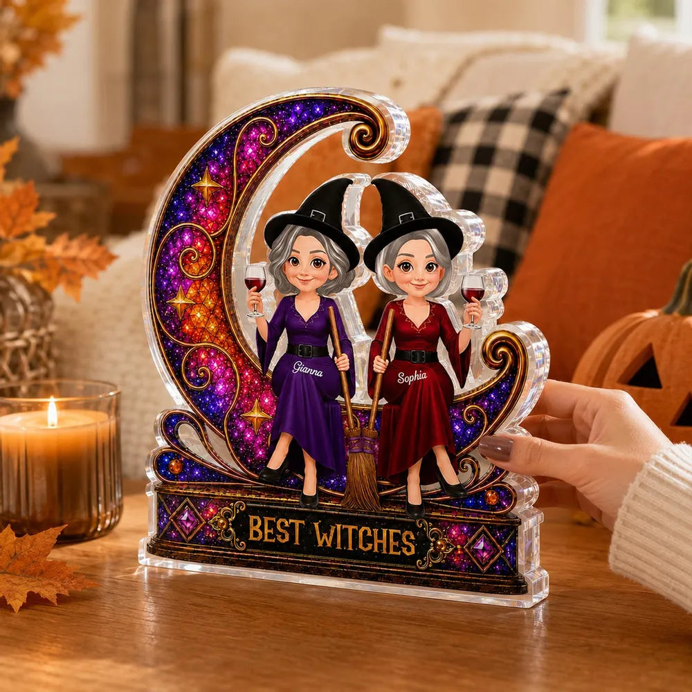 Personalized Shaped Acrylic Block Plaque, Witch Friends on Jeweled Crescent Moon, Unique Gift for Friend