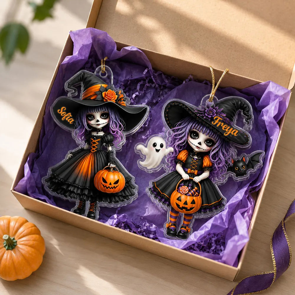 Personalized Acrylic Ornament, Little Witch On Pumpkin With Black Cat, Unique Halloween Gift For Daughter