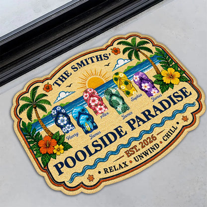 Personalized Shaped Doormat, Poolside Paradise Flip Flops, Tropical Summer House Unique Gift