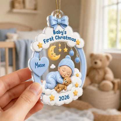 Personalized Acrylic Ornament, Sleeping Baby Moon & Stars, Unique First Christmas Gift for New Parents