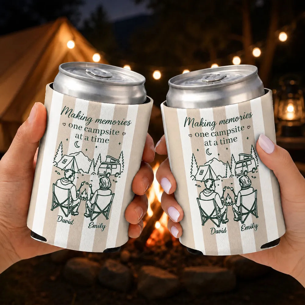 Neoprene Can Cooler, Custom Seated Campers by Campfire & Mountain Campsite, Unique Creative Gift for Couples