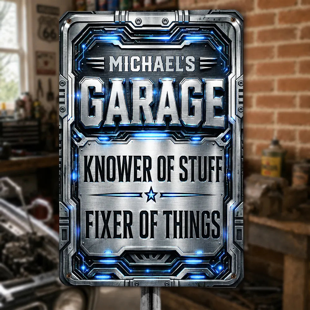 Custom Rectangular Iron Sign, Garage Knower of Stuff Design, Unique Creative Gift for Workshop Decor