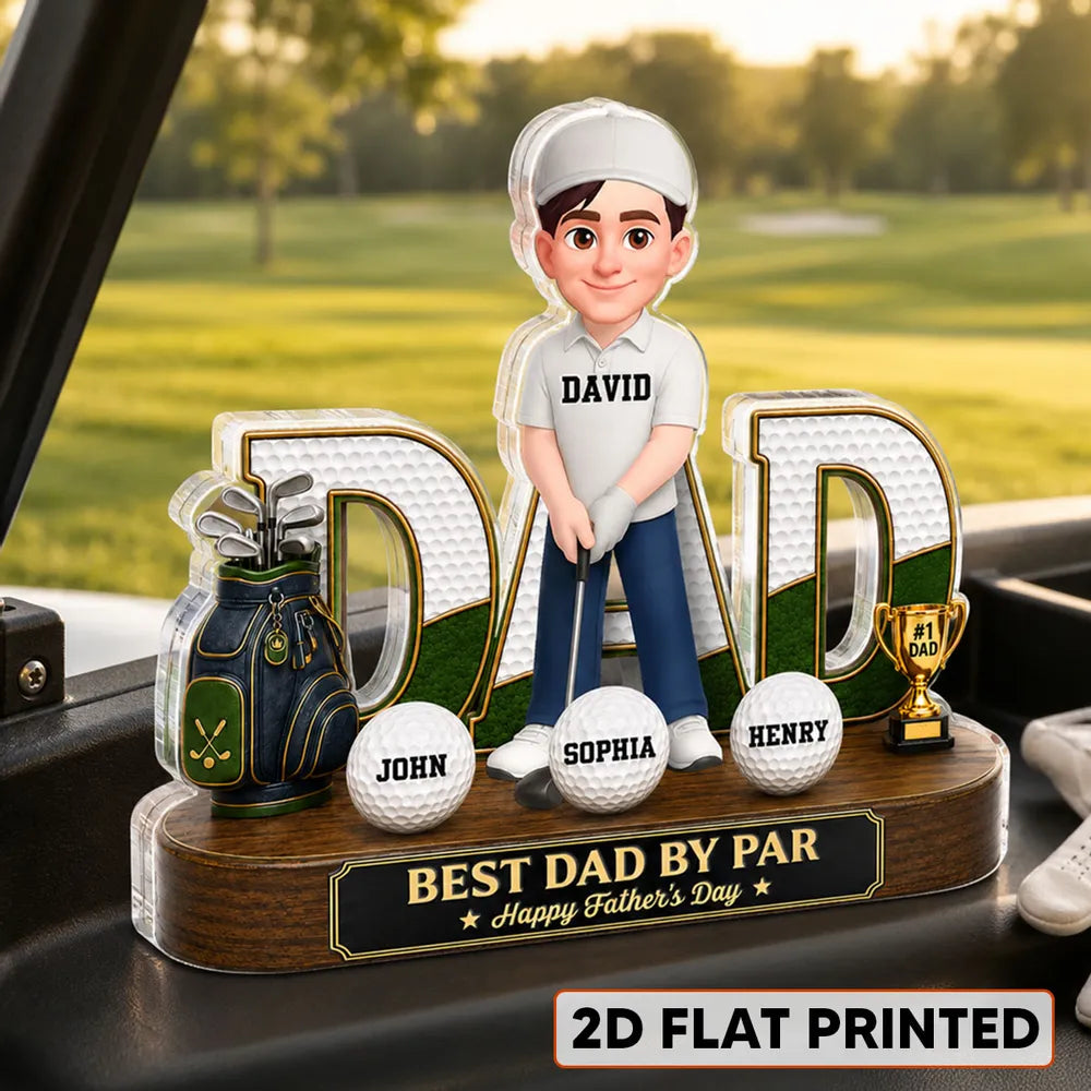 Personalized Golf Dad Plaque with Cartoon Golfer on Sunlit Course, Creative Gift for Husband & Golf Lovers