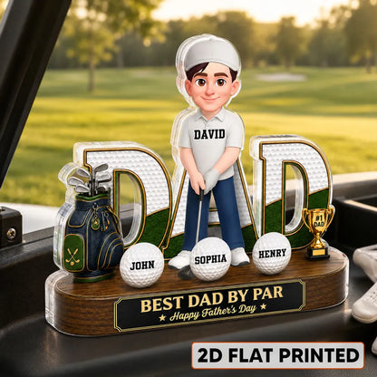 Personalized Golf Dad Plaque with Cartoon Golfer on Sunlit Course, Creative Gift for Husband & Golf Lovers