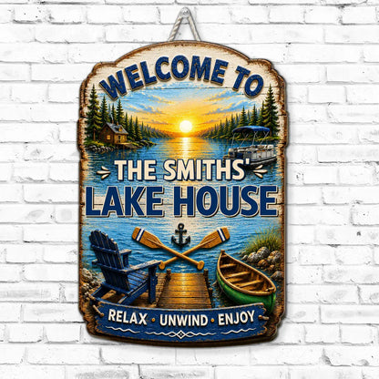 Personalized Wooden Sign for Lake House, Sunset Dock & Boat Scene, Unique Gift for Family