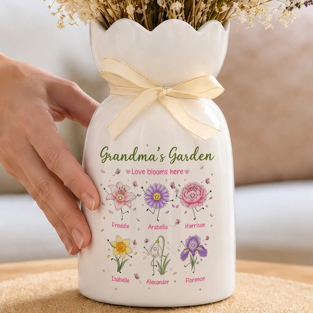 Personalized Scalloped Rim Ceramic Vase, Grandma's Garden Birth Flower Doodles, Unique Gift for Grandma