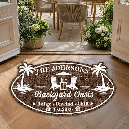 Tropical Personalized Shaped Doormat with Poolside Chairs, Unique Family Gift for Backyard Entry