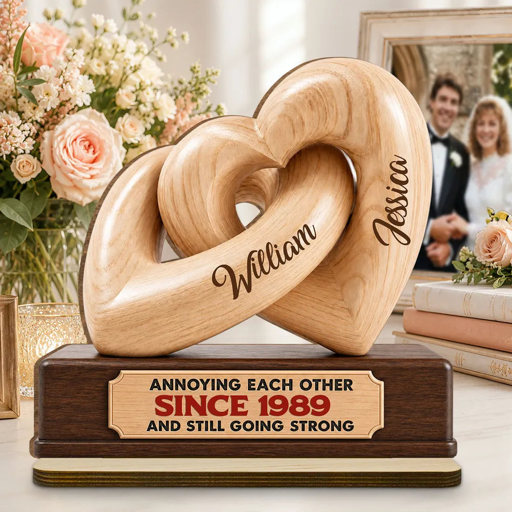 Personalized 2-Layer Wooden Plaque, Interlocking Hearts Keepsake, Unique Gift for Couple