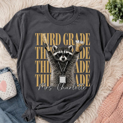 Classic Tee, Retro Raccoon Holding Ruler & Iced Coffee, Creative Gift for Teachers