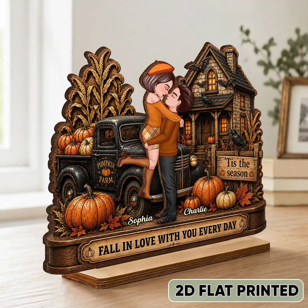 Personalized 2-Layer Wooden Plaque, Fall Couple Hugging at Haunted House, Unique Gift for Couple