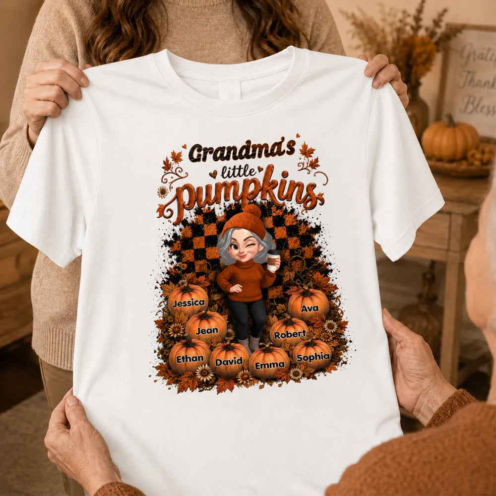 Personalized Classic Tee, Cartoon Grandma With Coffee, Fall Pumpkin Patch, Unique Creative Gift For Grandma