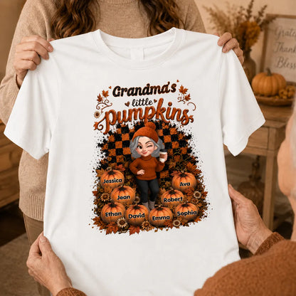 Personalized Classic Tee, Cartoon Grandma With Coffee, Fall Pumpkin Patch, Unique Creative Gift For Grandma