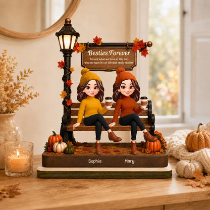 Personalized 2-Layer Wooden Plaque, Fall Besties Sitting Under Lamp Post, Unique Gift for Friend