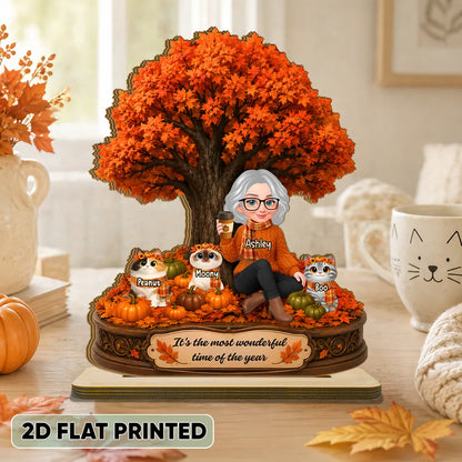 Personalized Wooden Plaque, Woman Sitting with Cats Under an Autumn Tree, Unique Gift for Cat Lovers