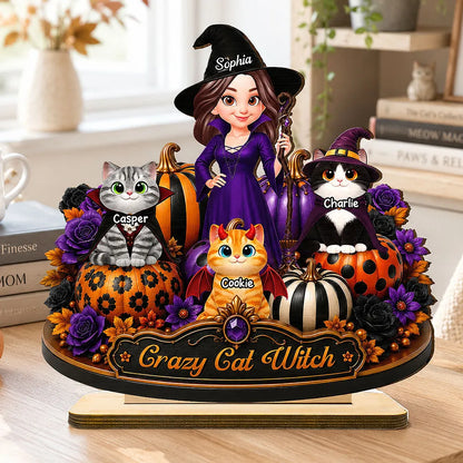 Personalized 2-Layer Wooden Plaque, Witch Posing with Cats and Pumpkins, Unique Halloween Gift for Cat Lovers