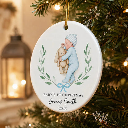 Personalized Ceramic Ornament, Baby's First Christmas Sleeping Baby, Unique Gift for New Parents