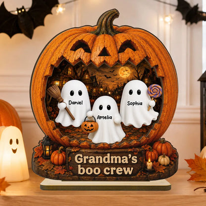 Personalized 2-Layer Wooden Plaque, Halloween Pumpkin Ghost Decor, Unique Gift for Grandma