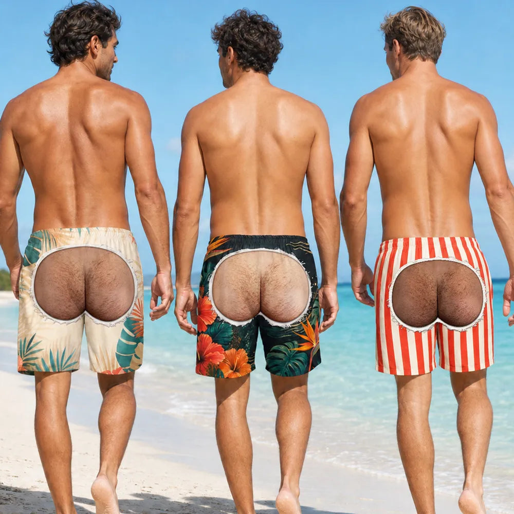 Personalized Men's Beach Shorts, Cheeky Custom Print for Beach Vacation, Unique Gift for Him
