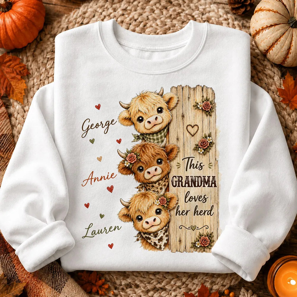Grandma Loves Her Herd Classic Tee, Personalized Highland Cow Family Shirt, Unique Gift for Grandma
