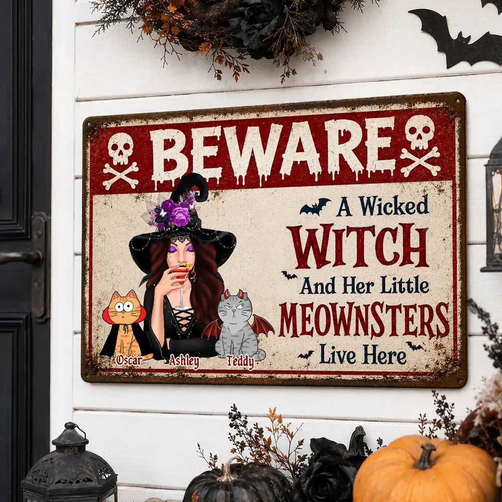 Personalized Rectangular Iron Sign, Witch Sipping with Costumed Cats, Unique Halloween Gift for Cat Lovers