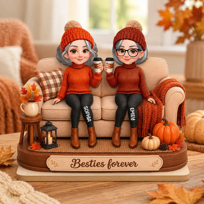 Personalized 2-Layer Wooden Plaque, Coffee Friends on Sofa, Unique Creative Gift for Close Friend