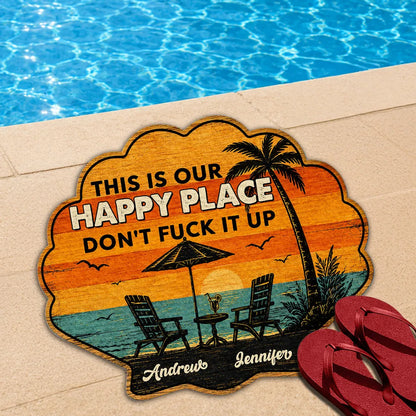 Personalized Shaped Doormat, Tropical Sunset Happy Place, Unique Creative Gift for Couples